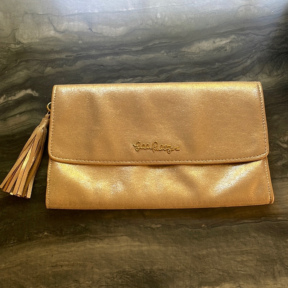 Gold Lilly Pulitzer Clutch bag 12 ins by 7 ins